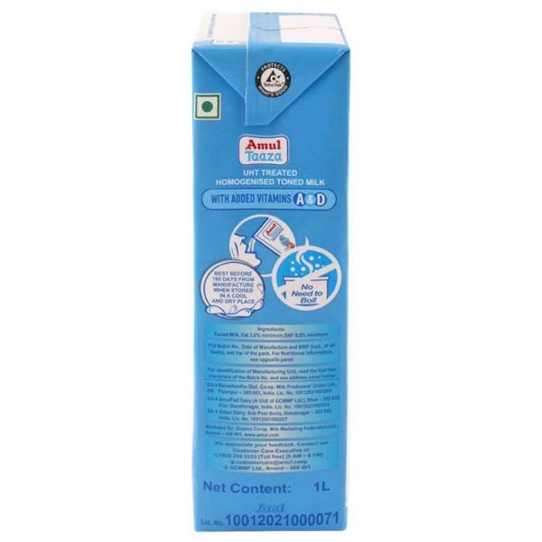 Amul Taaza Homogenised Toned Milk 1 L (Tetra Pak)