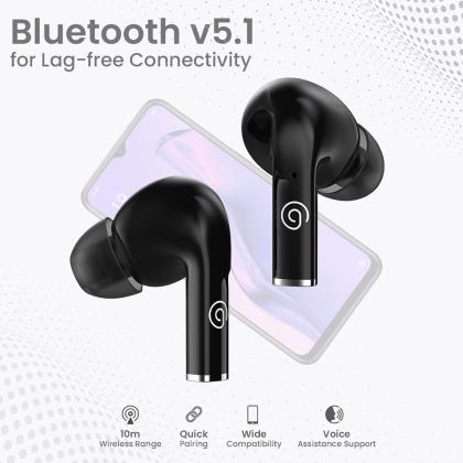 pTron Basspods P181 Bluetooth 5.1 Wireless Headphones, 32Hrs Total Playtime, Immersive Stereo Sound, Stereo Calls, Snug-fit TWS Earbuds, Touch Controls, Voice Assistance, Type-C Fast Charging & IPX4 (Black)